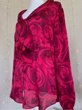 White House Black Market Red Rose Polka Dot Embroidered Cherry Tie-Neck Blouse